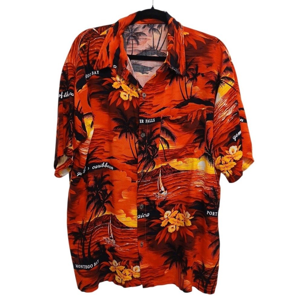 Vintage Tropical Shirt Sz XL Orange Red Sunset Luau Party Beach Travel Caribbean